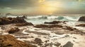 Beautiful seascape, ocean views, rocky coast, sunlight on the horizon. Composition of nature. Sunset scenery background. Cloudy Royalty Free Stock Photo