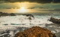 Beautiful seascape, ocean views, rocky coast, sunlight on the horizon. Composition of nature. Sunset scenery background Royalty Free Stock Photo