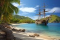 Beautiful seascape with an old pirate ship on a tropical beach, Wooden tall ship sailing in a Caribbean island bay, AI Generated Royalty Free Stock Photo