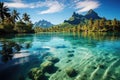 Beautiful seascape with palm trees and mountains in the background, A peaceful and tranquil lagoon in Bora Bora, French Polynesia