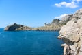 Beautiful seascape, panorama of cape Kapchik to the Galitsin Trail and blue bay of the Black Sea. Sudak, New World.