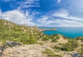 Beautiful seascape, panorama of cape Kapchik to the Galitsin Trail and blue bay of the Black Sea. Sudak, New World. Landscape of Royalty Free Stock Photo