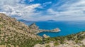 Beautiful seascape, panorama of cape Kapchik to the Galitsin Trail and blue bay of the Black Sea. Sudak, New World. Landscape of