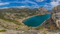 Beautiful seascape, panorama of cape Kapchik to the Galitsin Trail and blue bay of the Black Sea. Sudak, New World. Landscape of