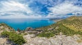 Beautiful seascape, panorama of cape Kapchik to the Galitsin Trail and blue bay of the Black Sea. Sudak, New World. Landscape of