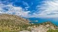 Beautiful seascape, panorama of cape Kapchik to the Galitsin Trail and blue bay of the Black Sea. Sudak, New World. Landscape of