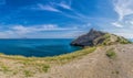 Beautiful seascape, panorama of cape Kapchik to the Galitsin Trail and blue bay of the Black Sea. Sudak, New World. Landscape of Royalty Free Stock Photo