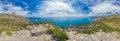 Beautiful seascape, panorama of cape Kapchik to the Galitsin Trail and blue bay of the Black Sea. Sudak, New World. Landscape of