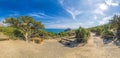 Beautiful seascape, panorama of cape Kapchik to the Galitsin Trail and blue bay of the Black Sea. Sudak, New World. Landscape of