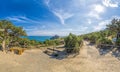 Beautiful seascape, panorama of cape Kapchik to the Galitsin Trail and blue bay of the Black Sea. Sudak, New World. Landscape of