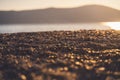 Beautiful seascape, pebble beach in the glare of the sun at sunset. Summer vacation background Royalty Free Stock Photo