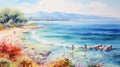 Beautiful seascape with people on the beach. Digital painting Royalty Free Stock Photo