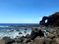 Beautiful seascape, Rock arch, nature landmark of Mauritius Island far away from white sand beaches.