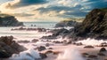 Beautiful seascape with rocks and sea in Cornwall, UK, A Rocky Beach landscape view with rough sea waves and beautiful sky, AI