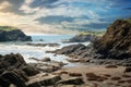 Beautiful seascape with rocks and sea in Cornwall, UK, A Rocky Beach landscape view with rough sea waves and beautiful sky, AI