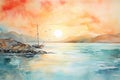 Beautiful seascape with sailboat. Watercolor painting. Printable artwork. Generative AI