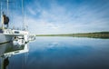 Beautiful seascape and sailing catamaran in the blue sky at the background. Sailing on Trimaran Sail Boat