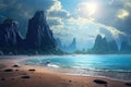 Beautiful seascape with sand and rocks. 3d rendering, Fantasy Landscape with Mountain and the sea. rendering, AI Generated