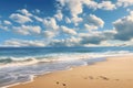 Beautiful seascape with sandy beach and blue sky with clouds, Silhouettes of tourists enjoying the black sand beach and ocean