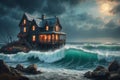 Beautiful seascape with sea waves and old wooden house in the evening