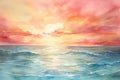 Beautiful seascape at sunset. Digital watercolor painting. Printable artwork. Generative AI