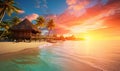 Beautiful seascape tropical beach with white sand, palm tree and bungalow.