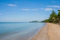 Beautiful seascape view of sand beach with sea and island in the background at summer time. Royalty Free Stock Photo