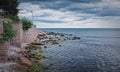 Beautiful seascape with view to the Nesebar stone walls on the coast. Bulgarian coastline of the Black Sea Royalty Free Stock Photo