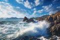 Beautiful seascape with waves crashing against the rocks on a sunny day, A Rocky Beach landscape view with rough sea waves and Royalty Free Stock Photo