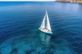 Beautiful Seascape With White Sailing Yacht On Sunny Summer Day, Drone View. Generative AI