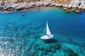 Beautiful Seascape With White Sailing Yacht On Sunny Summer Day, Drone View. Generative AI
