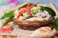 Beautiful seashells close-up in a basket