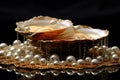 Beautiful seashells with a mix of noble mother-of-pearl pearls and beads on a black glossy surface