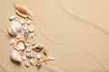Beautiful seashells and starfish on beach sand, flat lay with space for text. Summer vacation Royalty Free Stock Photo