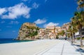 Scilla village, castle on rock and colorful houses, Calabria, Italy Royalty Free Stock Photo