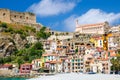 Beautiful town Scilla with medieval castle on rock, Calabria, It Royalty Free Stock Photo