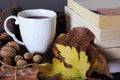 Beautiful seasonal background with hot tea in white cup on desk with autumn decoration Royalty Free Stock Photo