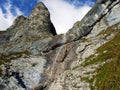 Beautiful seasonal waterfalls under alpine rocks FalknistÃÂ¼rm in the Ratikon border mountain massif or Raetikon Grenzmassiv