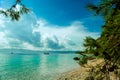 Beautiful seaview on island Brac in Croatia with yacht. View on Zlatni Rat or Golden Cape beach Royalty Free Stock Photo