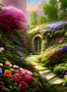 Secret garden, cottage, colourful, flowers, mountains, hills, walkway, backdrop, background, wallpaper, generative ai