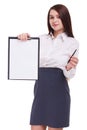 Beautiful secretary holding clipboard and writing on it. isolated on white background Royalty Free Stock Photo