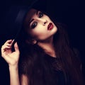 Beautiful seductive bright makeup lady with red hot lips posing