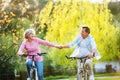 Beautiful senior couple with bicycles outside in spring nature. Royalty Free Stock Photo