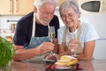 Beautiful senior couple in the home kitchen looking at their homemade plumcake ready to eat, holding two glasses of wine. Cooking Royalty Free Stock Photo