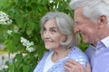 Beautiful senior couple hugging in the park by lilacs Royalty Free Stock Photo