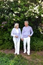 Beautiful senior couple hugging in the park by lilacs Royalty Free Stock Photo