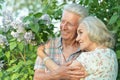 Beautiful senior couple hugging in the park by lilacs Royalty Free Stock Photo