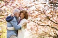 Beautiful senior couple in love outside in spring nature. Royalty Free Stock Photo