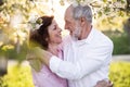 Beautiful senior couple in love outside in spring nature, hugging. Royalty Free Stock Photo