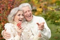 Beautiful senior couple in the park. Man pointing with finger Royalty Free Stock Photo